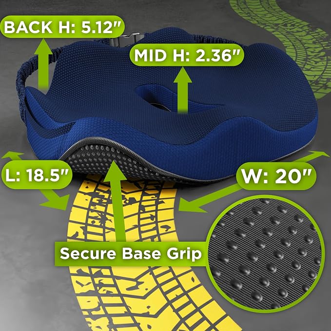 Large Truck Seat Cushion for Truck Driver Seat Cushion - CertiPUR-US® Certified Upgraded Back Support, Thick Memory Foam, Pain Relief for Hours of Driving, Trucker Approved Semi - Navy