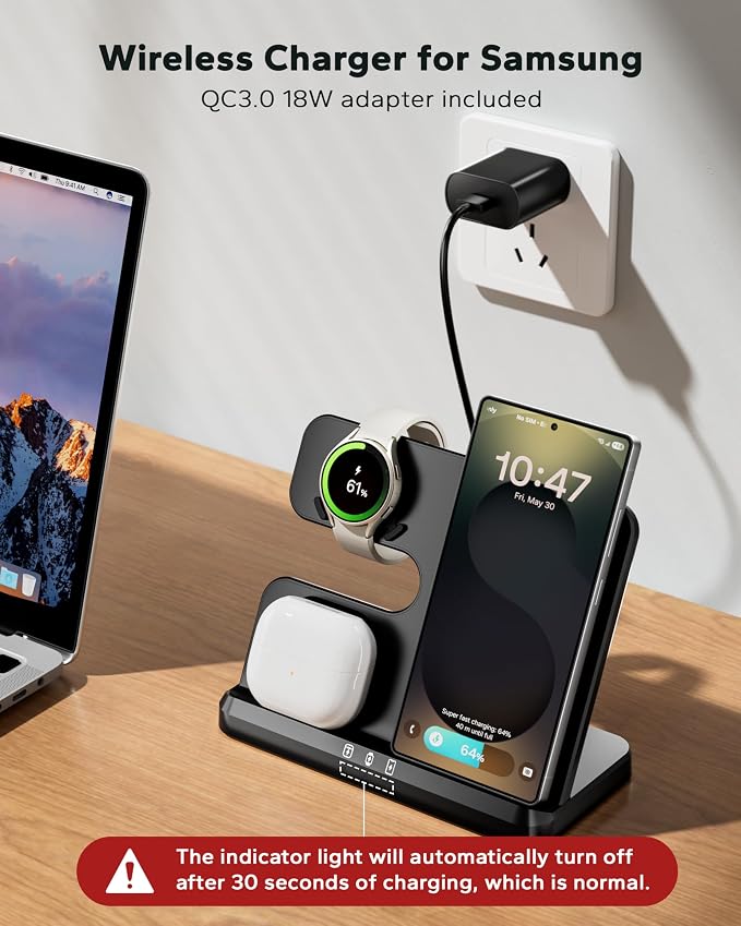 3 in 1 Charging Station for Samsung, Wireless Charger Stand for Galaxy S26/S25/S24/S23/Z Fold, Phone and Watch Charger for Samsung Watch Galaxy 8/7/6/5, Galaxy Buds 3/2/Pro