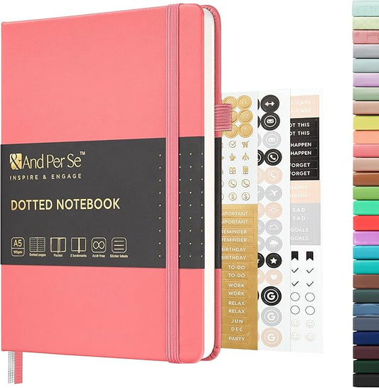 &And Per Se Dotted Journal Notebook, A5 Hardcover Leather Dotted Journal, 160 Pages 100gsm Thick Dot Grid Paper, 3 Sheets of Stickers Included - 5.7'' x 8'' (Rose pink)