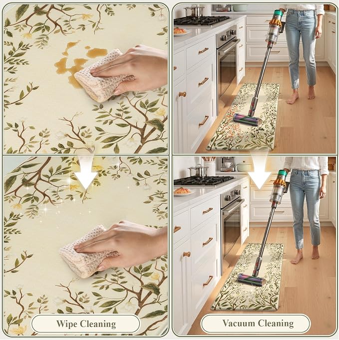 KIMODE Anti Fatigue Kitchen Mats for Floor 17"x47"+17"x29", Farmhouse Leaf Kitchen Rugs Sets of 2, Cushioned Kitchen Floor Mats, Buttercream Laundry Room Rugs for Sink Desk Kitchen Decor Bedroom