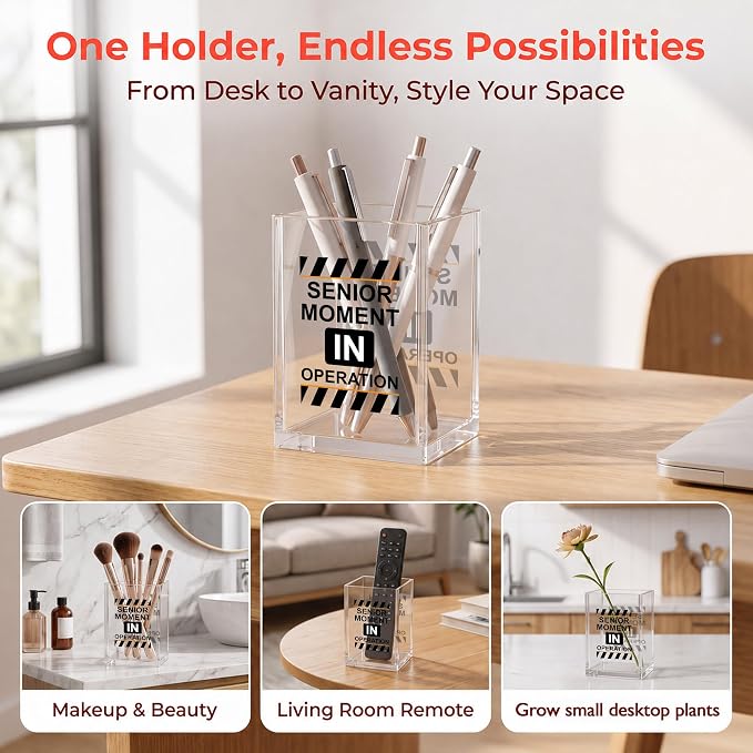 Funny Office Acrylic Cosmetic Pen Pencil Holder Cup, Senior Moment In Operation Pencil Organizer, Humor Unique Desk Accessories, Minimalist Sarcastic Gifts for Women Men Employee（A08）