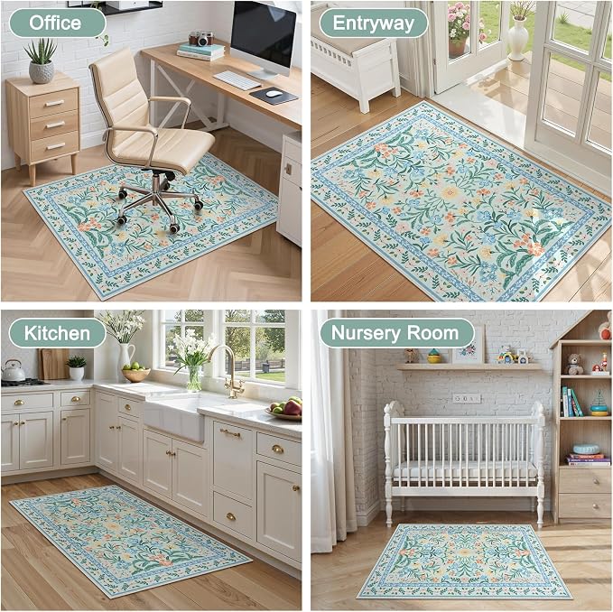 Anidaroel 36"x48" Office Chair Mat for Hardwood Floor/Tile, Anti-Slip Boho Desk Mat for Chairs, Tea Green Office Floor Mat, Low Pile Floor Protector for Rolling Chair, Floral Under Desk Rug