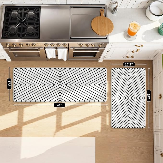 KIMODE Kitchen Mats Cushioned Anti Fatigue,Geometric Kitchen Rugs Sets of 2 | Non Slip Waterproof Kitchen Floor Mats,Comfort Standing Mats for Laundry Office Sink Desk 17"x47"+17"x29" Black Diamond Decor