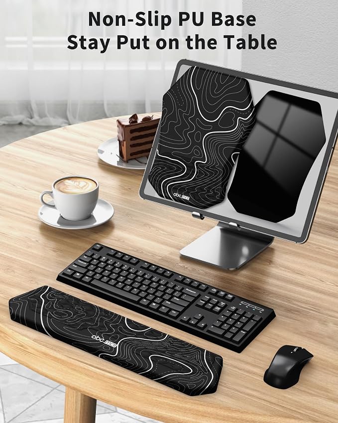 Ergonomic Mouse Pad and Keyboard Wrist Rest Support Set, Massage Design Mousepad for Carpal Tunnel Pain Relief, Memory Foam, Non-Slip PU Base for Computer Desk, Topographic Contour