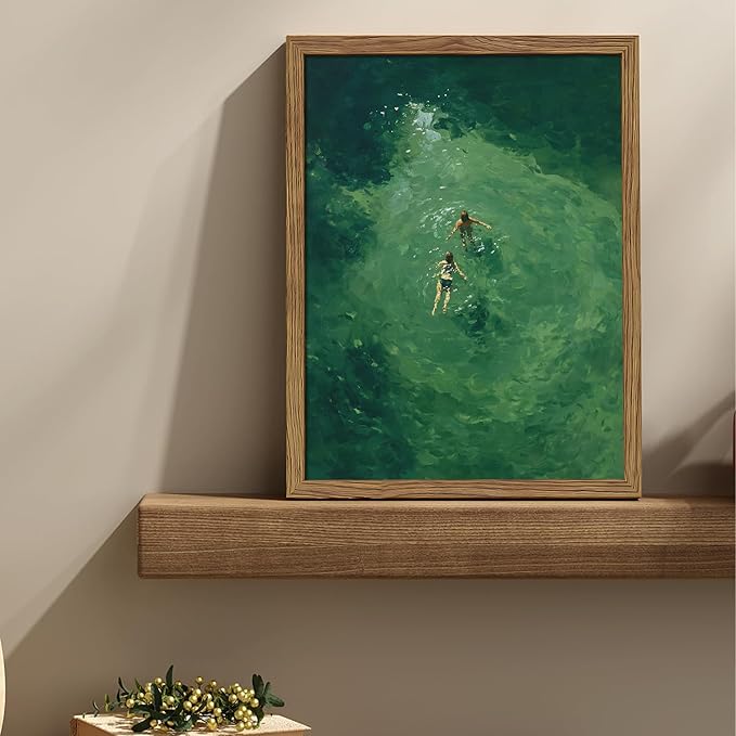 Framed Green Abstract Wall Art, Vintage Summer Swimming Canvas Wall Decor Painting, Minimalist Dark Green Water Landscape Poster Print Picture for Bathroom Bedroom Living Room 16x24 Inch