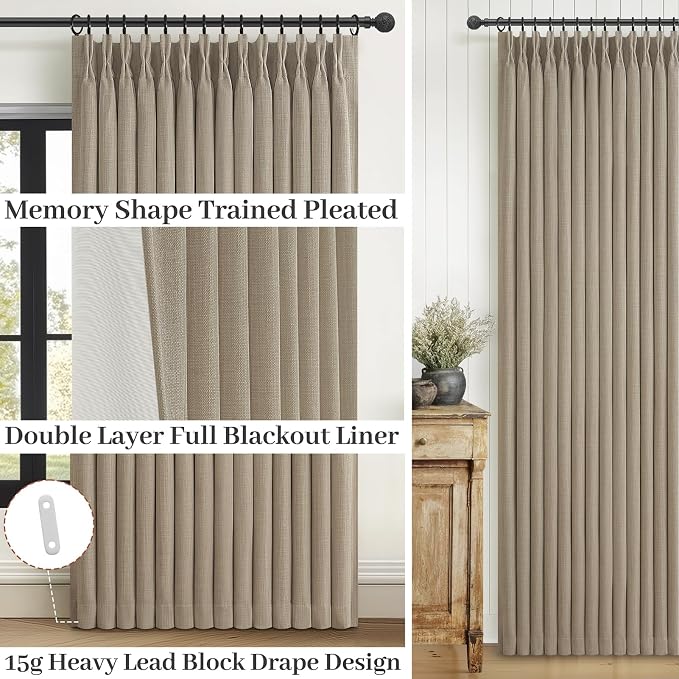 Greyish Beige Lush Decor Floor to Ceiling Viral Curtains 120 Inches Long for Sliding Glass Door, Pinch Pleat Blackout Double Layer Thick Linen Drape Energy Saving UV Blocking 120 Inch Curtain Panels 2