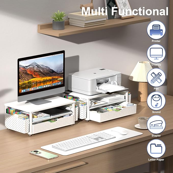 Spacrea Desk Organizer and Accessories, Computer Monitor Stand Riser with Drawer and 2 Pen Holders, Office Desk Accessories & Workspace Organizers for Office Supplies (White)