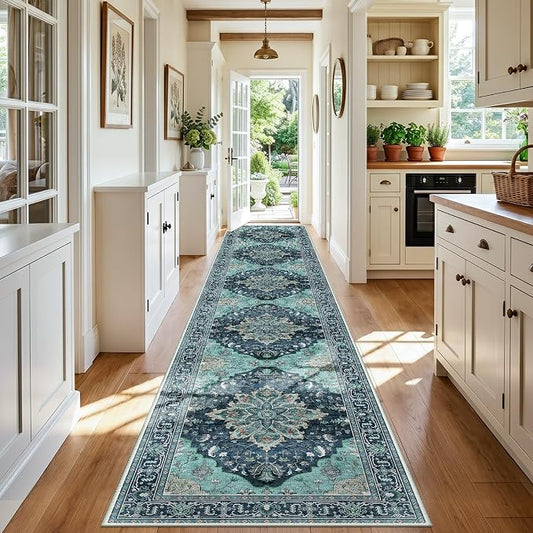 RELEANY Area Rugs Runner 3'x20' Washable Non-Slip, Floral Vintage Distress Medallion Carpet for Kitchen Hallway Bedroom Beside Laundry Room Bathroom, Teal Green Lake Blue Turquoise