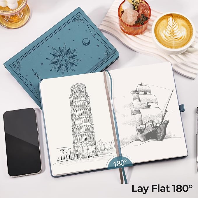 EMSHOI Blank Notebook Journal - 320 Pages, 100gsm Thick Paper, A5 Hardcover Leather, Art Sketchbook for Drawing, Unlined, Plain Sketch Book for Women Men Work Writing, 5.75 X 8.38, Light Blue