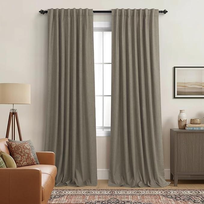 Taupe Brown Linen Blackout Curtains for Bedroom, 84 Inch Long Black Out Vintage Farmhouse Curtain for Living Room, Boho Thick Thermal Insulated Curtains for Summer Drapes 84 Length 2 Panels Set
