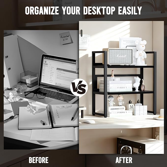 Brakki Desk Shelf Organizer, 2-Tier Desktop Bookshelf, Small Office Shelf | Adjustable Shelf, Metal Desktop Rack for Dorm, with Foot Mat, Multi-Functional Organization, Black