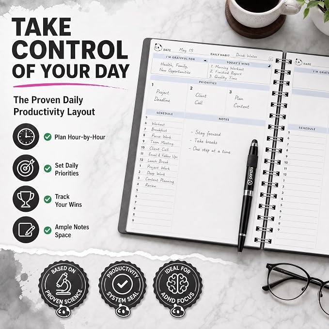 Panda Planner 2026 Undated Daily Planner 5.75" x 8.25", Gray | 90-Day Spiral Academic, Productivity Planner, Hourly Schedule, To-Do List, Monthly Calendar, ADHD-Friendly Panda Journal