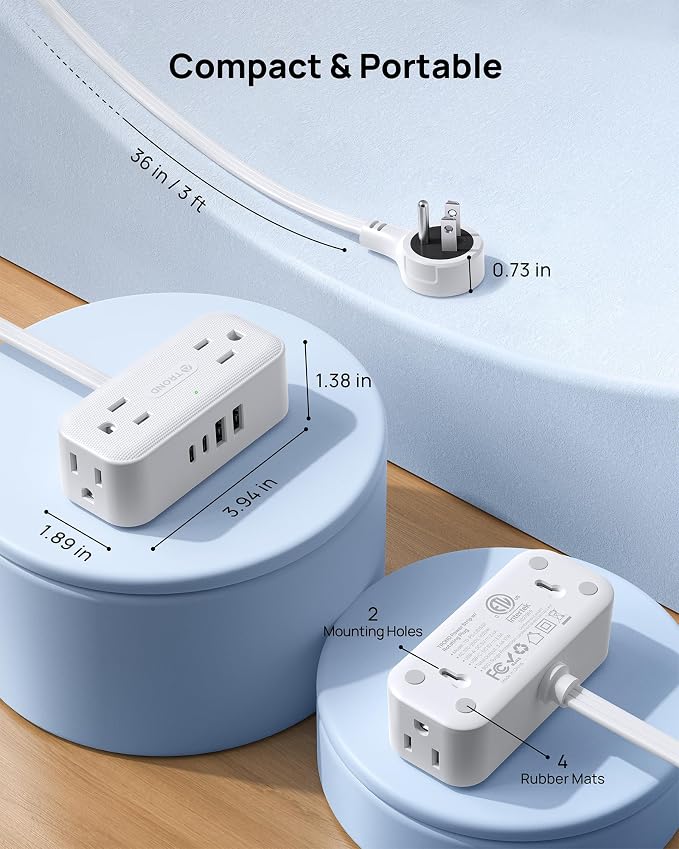 TROND 360° Rotating Flat Plug Short Extension Cord 3FT - Low Profile Power Strip Mountable, 4 AC 4 USB, 900J, 13A/1625W, Compact for Tight Spaces Hard Reach Outlet in Bedroom Home Office Dorm, White