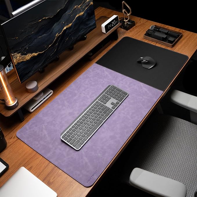 HAUTOCO Cork Desk Mat 31.5"x15.7", Distressed PU Leather & Cloth Desk Pad | Waterproof, Non-Slip, Stitched Edges, Purple Large Gaming Mouse Pad, Laptop Blotter & Desk Protector for Office and Home