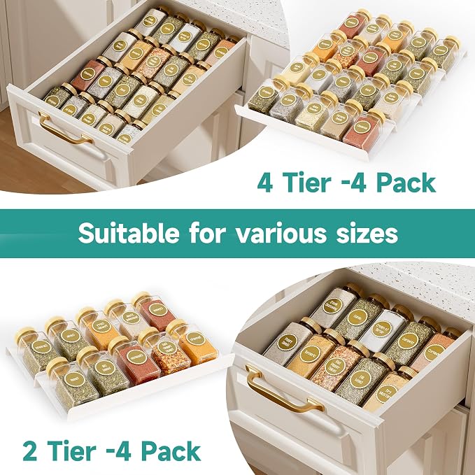 MIUKAA White Acrylic Spice Drawer Organizer, 4 Tier Seasoning Jars Drawers Insert, Kitchen Spice Rack Tray for Drawer/Countertop (Jars not included)