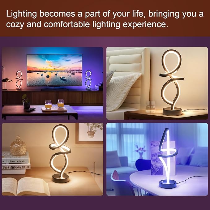 Mayful RGB Modern Table Lamp with 15W LED Spiral Spiral Design, Black Nightstand Lamp & Small Bedside Lamp, Touch Dimmable with 7 Colors & 10 Modes for Bedroom, Living Room, Office