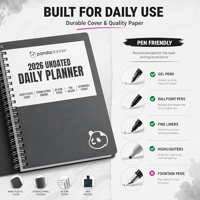 Panda Planner 2026 Undated Daily Planner 5.75" x 8.25", Gray | 90-Day Spiral Academic, Productivity Planner, Hourly Schedule, To-Do List, Monthly Calendar, ADHD-Friendly Panda Journal