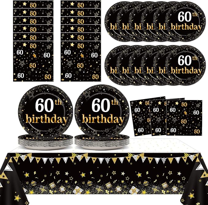 60th Birthday Party Supplies Serves 24 Black and Gold 60 Years Old Party Decorations Paper Plates Napkins Cheers to 60 Years Favors Tablecloth Set Vintage 1966 Tableware Kit for Men Birthday