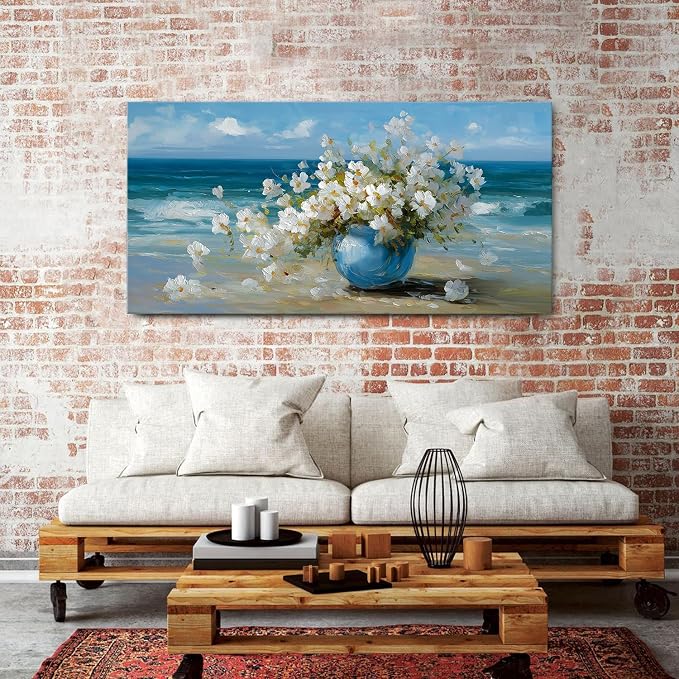 AIYISU Vintage Flowers Canvas Wall Art White Blossom Painting Retro Flowers in Blue Vase Pictures Blue Ocean Coastal Landscape Prints Poster Floral Artwork for Bathroom Bedroom Home Decoration 30x60