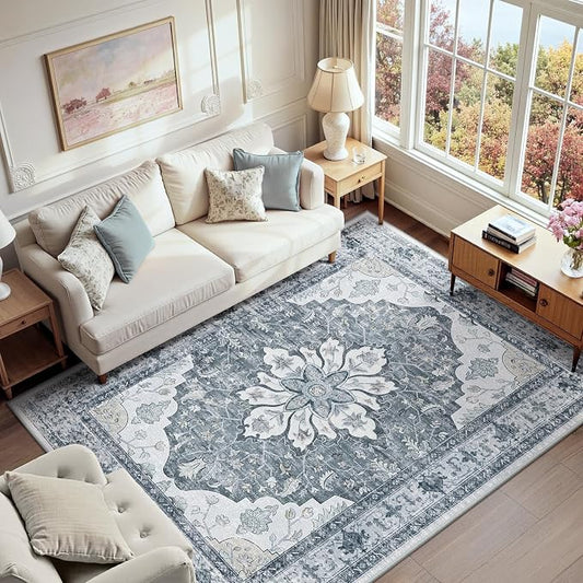 RELEANY Area Rugs 6'x9' Washable Non-Slip, Floral Vintage Distress Medallion Carpet for Living Room Bedroom Dining Room, Light Gray Grey White