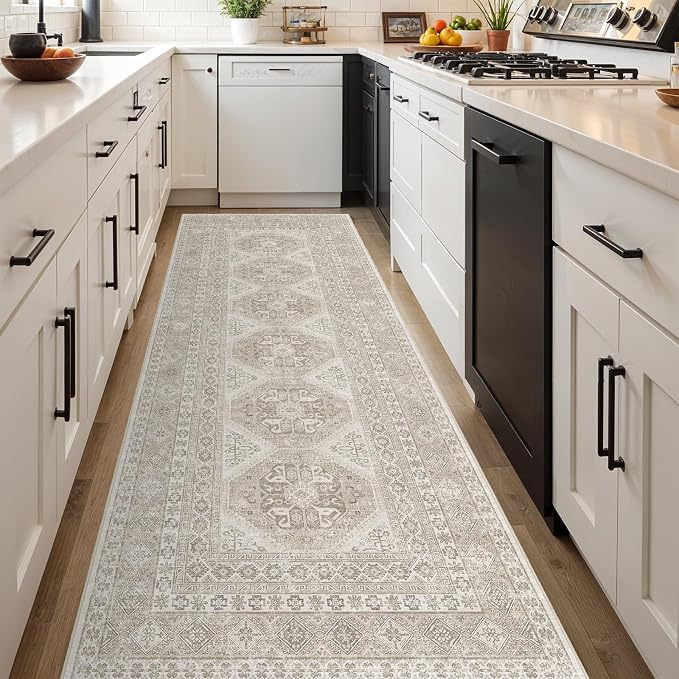 3x10 Runner Rug Kitchen Washable:Oriental Indoor Hallway Runners with Non Slip Backing Floor Mat for Entryway Door Low Pile Thin Carpet for Bedroom Bathroom Living Room Bedside (Beige, 3x10)