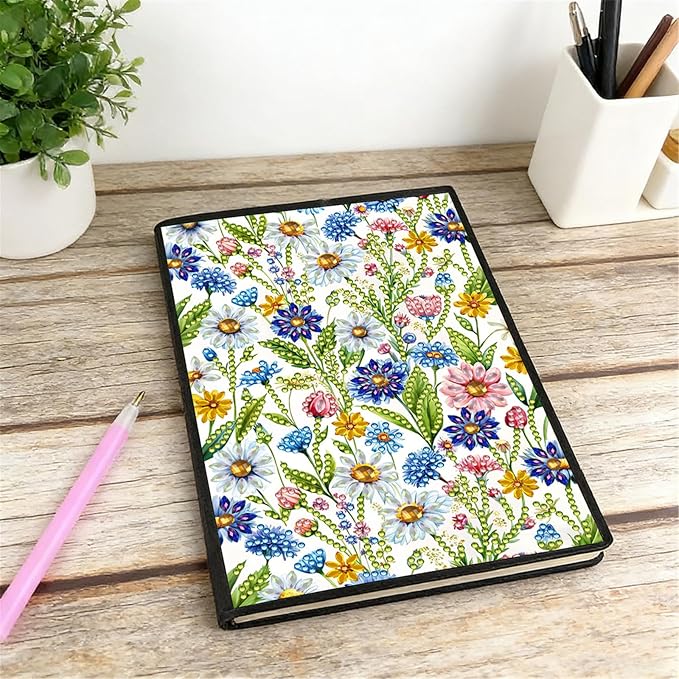 FRANDEK Diamond Art Painting Notebook Kit, Flower Bush A5 DIY Journal with 50 Blank Pages, Crystal Rhinestone Cover with Waterproof Canvas, Beginner Craft Set with Full Tools for Adults