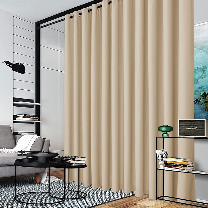 RYB HOME Extra Wide Curtain for Room Divider - Blackout Privacy Partitions Thermal Insulating Shades for Patio Door Hallway Office Apartment Home Theater Backdrop, 1 Pc, Beige, W 20ft x L 9ft
