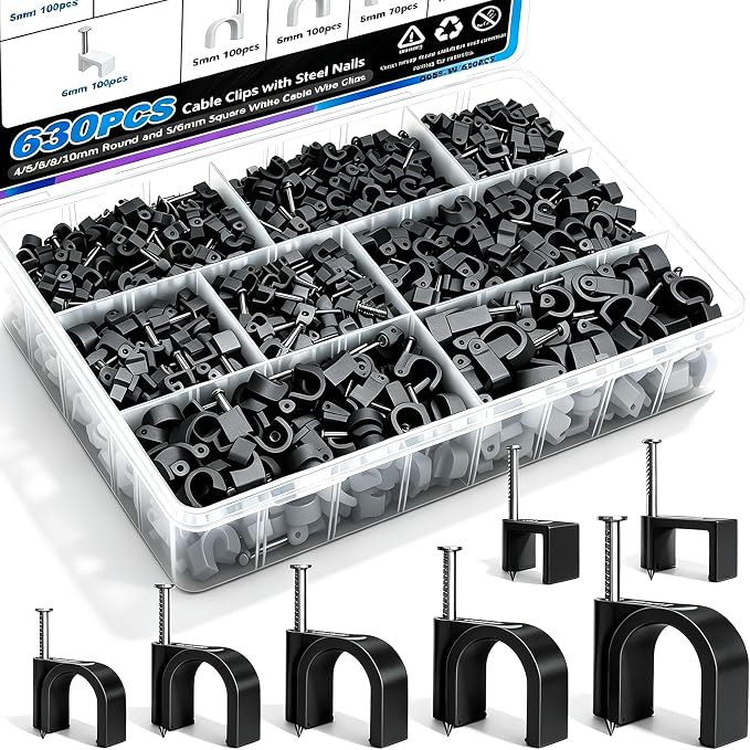 mxuteuk 630PCS Cable Clips with Steel Nails,4/5/6/8/10mm Round and 5/6mm Square Black Cable Wire Clips,Wall Clips for Cords,Cable Cord Clips for RG6 RG59 CAT6 RJ45