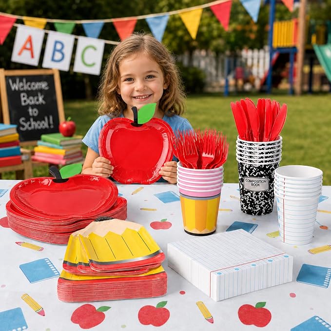 Back to School Party Supplies Kit Apple Pencil Notebook Composition Tableware Set Disposable Dinnerware Paper Napkin Plate Cup Fork for First Day of School Kindergarten Graduation Decor, 24 Guest