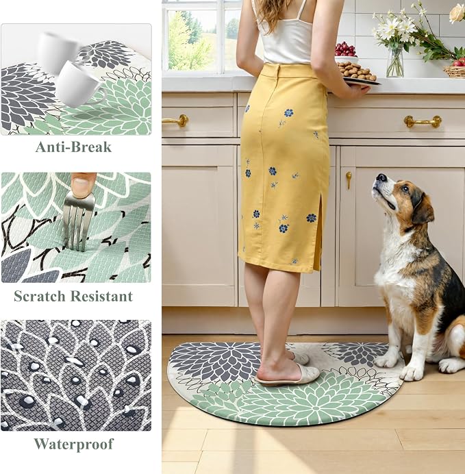 KIMODE Half Circle Kitchen Mats for Floor Cushioned Anti Fatigue 2PCS Semi | 28"x18"+28"x18",Half Round,Cyan,Boho Kitchen Rug Sets of 2,Non Slip,Waterproof,Padded Kitchen Carpet Decor for Sink Laundry
