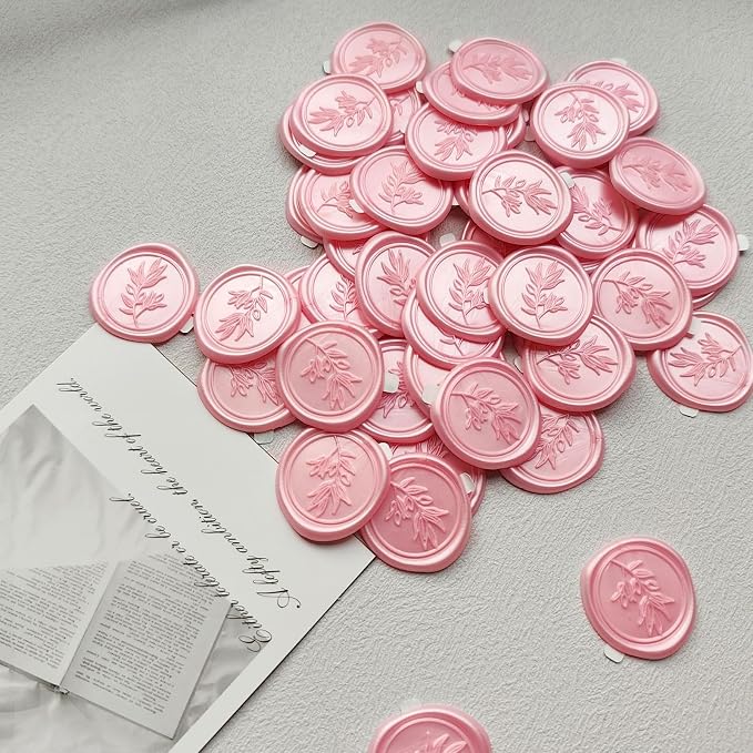 50Pcs Pink Self-Adhesive Wax Seal Stickers - Olive Branch Envelope Seal Stickers Perfect for Wedding Invitation, Envelopes, Wedding Invitation Accessories, Christmas Cards, Gift Wrapping