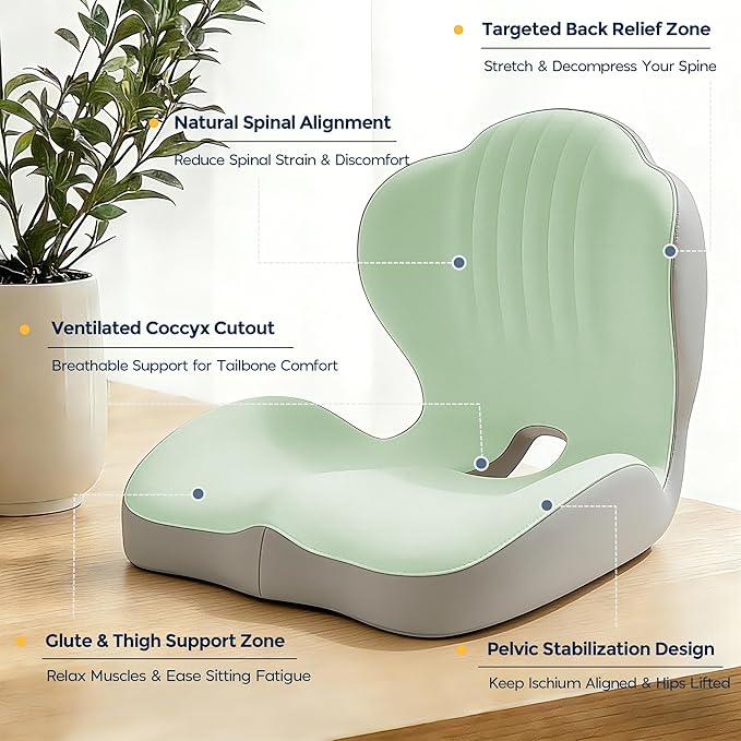 Seat Cushion for Office Chair Car, L-Shaped Ergonomic Seat Cushions,Memory Foam Orthopedic Cushion with Coccyx Hollow,Lumbar Support & Tailbone Pain Relief for Car, Truck, Home,Green & Gray