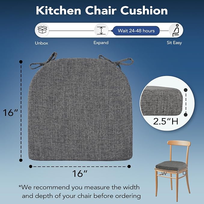Chair Cushions for Dining Chairs, Non Slip Chair Pads with Ties and Washable Covers, Memory Foam Kitchen Chair Cushions Set of 4, 16"X16"X2.5", Dark Gray