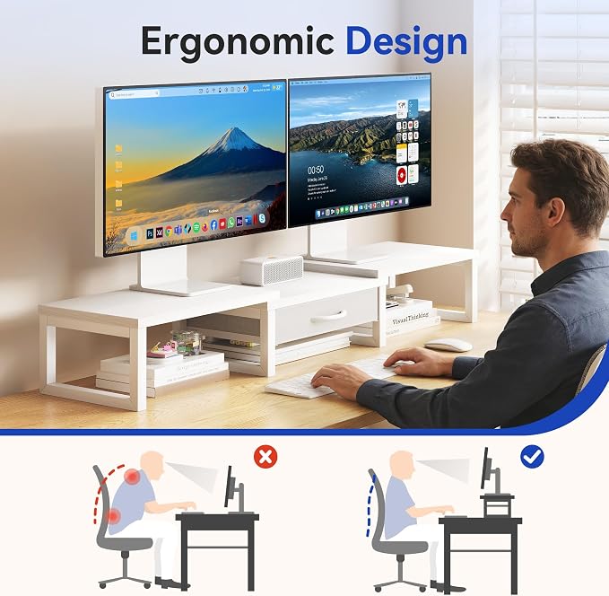 Dual Monitor Stand Riser, Desk Organizers and Accessories with Drawer, Computer Monitor Stands for Desk, Adjustable Desktop Shelf for PC Laptop Printer TV, White