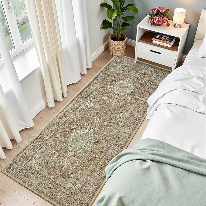 Green Washable Vintage Runner Rug, 2x6 Boho Bedroom Area Rugs, Soft Non Slip Floral Entryway Carpet Runners, Indoor Low Pile Carpets for Kitchen Hallway Bedside