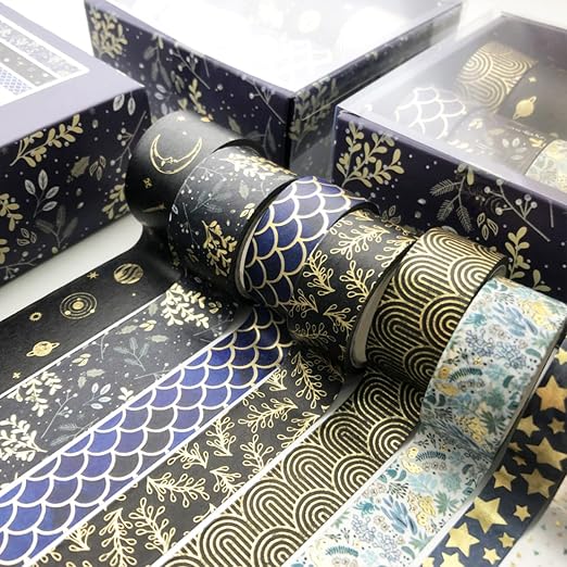 Creative Washi Tape Set 10 Rolls Gold Foil Print Decorative Masking Tapes for Arts, DIY Crafts, Journals, Planners, Scrapbook, Wrapping (Black Mashup)