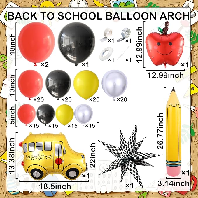 151Pcs Back to School Balloon Arch Garland Kit, School Bus, Pencil, Apple, Explosion Star Foil Balloons for Classroom Decoration, Kindergarten Party Backdrop, Back to School Event Supplies