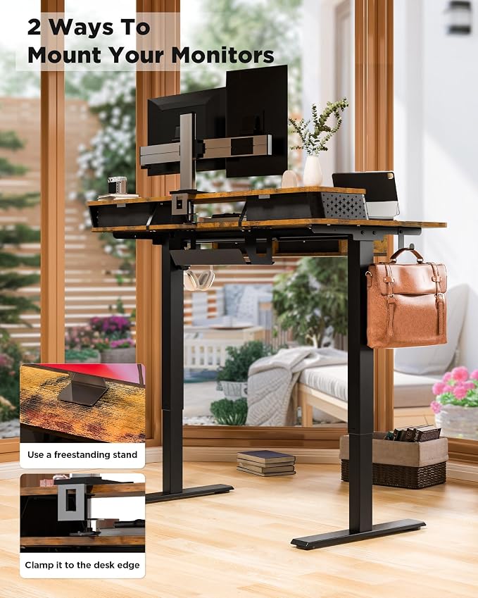 FiCiHi 55x24 Inch Electric Standing Desk, 4 Drawers, Adjustable Height Desk | Sit Stand Computer Desks, C-Clamp Compatible Home Office Desk with Monitor Stand, Cable Management, 3 Preset Heights