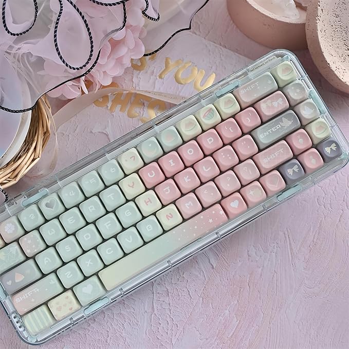 Cute MOA Keycaps,Gradient Pink Kawaii Round Keycaps Custom 133 Keys Keycap Set Thick PBT Keycap for Cherry MX Switch 75% 60% Mechanical Gaming Keyboard Creamy Watermelon Key Cap