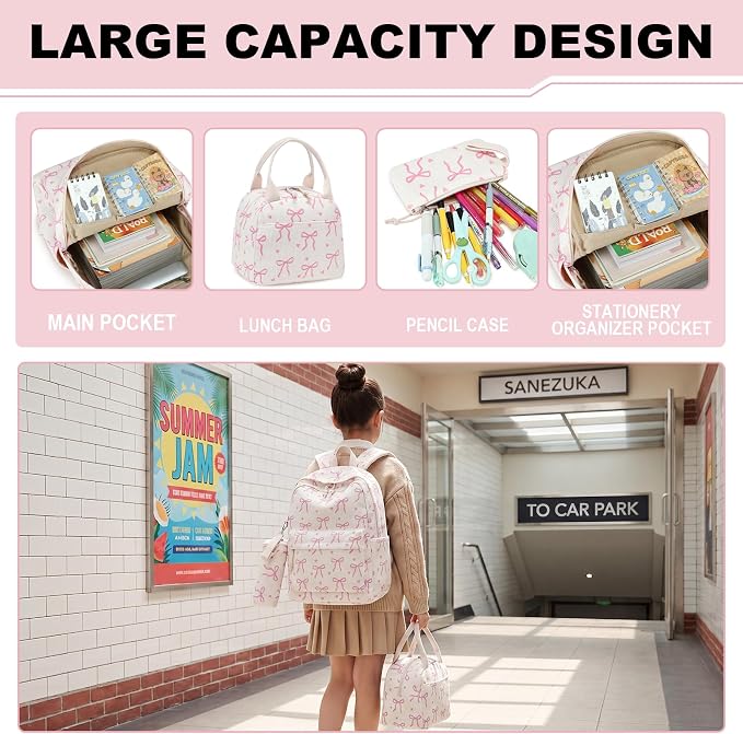 LEDAOU Kids Backpack for Girls Backpacks with Lunch Box, Lightweight Bookbag Set Elementary Middle School Back pack for 8-14