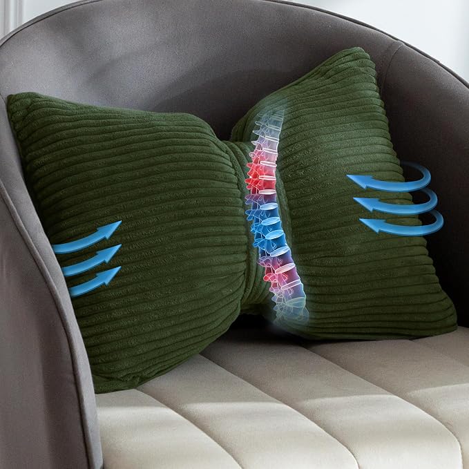HIGOGOGO Lumbar Support Pillow for Recliner Chair, Bow Knot Shaped Back Support Cushion, Striped Corduroy Soft Decorative Lumbar Pillow for Office Chair, Sofa, Car, Bed, Living Room - Dark Green