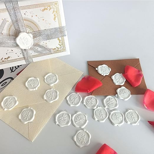 50 Pcs Adhesive White Rose Wax Seal Stickers, Roses Seal for Envelope, Easy to Use and Good Adhesion White Envelope Stickers, Wedding Invitation Accessories