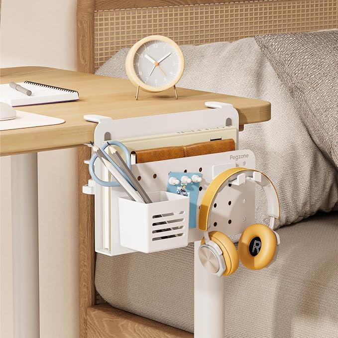 PEGZONE Desk Side Storage Organizer, Fits Flat Edge 0.4" to 2.2", White | No Drill Under Desk Laptop Holder, Clamp on Desks Shelf with Pegboard Accessories, Hanging Laptop Mount