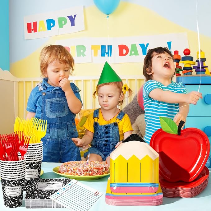 Whaline 120 Pcs Back to School Party Supplies Kit Apple Pencil Notebook Composition Tableware Set Disposable Dinnerware Paper Napkin Plate Cup Fork for 24 Guest First Day of School