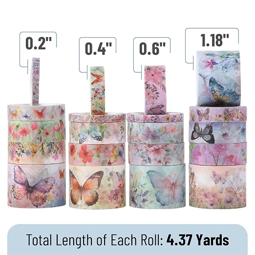 Mr. Pen- Washi Tape Set, 20 Rolls, Assorted Sizes, 4.37 Yards/Roll | Washi Tape for Scrapbook, Arts, Crafts, Journals and Planners, Watercolor Butterfly Design