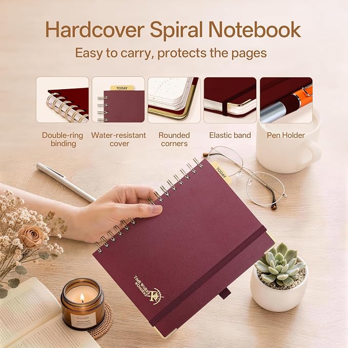 POPRUN Dotted Journal Spiral Notebook, A5 Bullet Dot Grid Journals for Women Men, 120 GSM Thick Paper, 141 Pages Hardcover Notebooks for Journaling, Drawing, Writing, 5.75'' x 8.25'', Burgundy