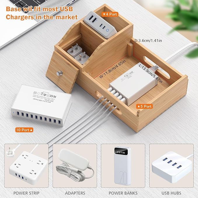 Bamboo Charging Station for Multiple Devices with USB Charger, 5 Cables | Pezin & Hulin Wood Desktop Dock Stations with Smart Watch Holder, Electronic Organizer for Cell Phone, Tablet, Watch