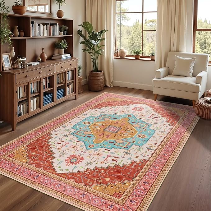 Macgace 5x7 Orange Pink Area Rug for Living Room, Machine Washable Rugs with Non-Slip Backing for Bedroom, Vintage Medallion Carpet Dining Room Office Kids Room Decor
