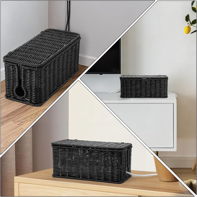 ZhiYo Rattan Cable Management Box, Black Cord Organizer, 12.5" x 5" x 5.2" | Handwoven black imitation rattan cord hider box conceals power strips and cables for a clean desk or floor setup