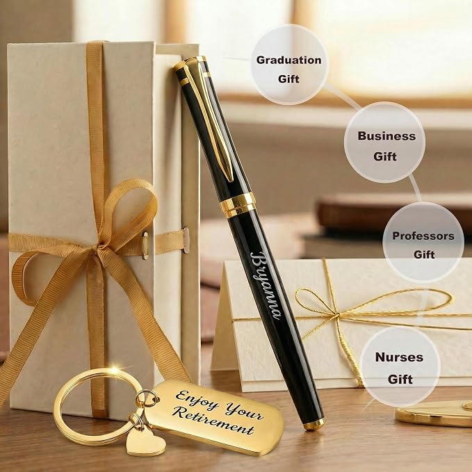Yastar Custom Office Pen with Custom Keychain Business Gift Set with Pen Box 2 extra Black Refills Engraved with your Message Names Company Names Phone Number Souvenir Gift for Colleague Friends